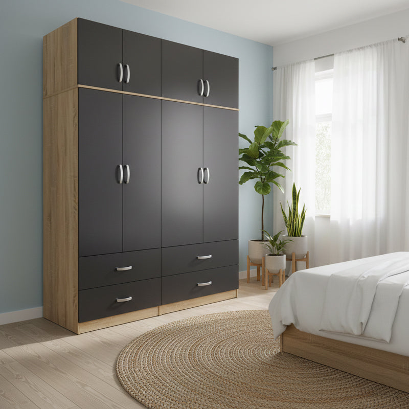 Four-leaf wardrobe with drawers and loft Athos pakoworld sonoma-anthracite 160x42x240cm