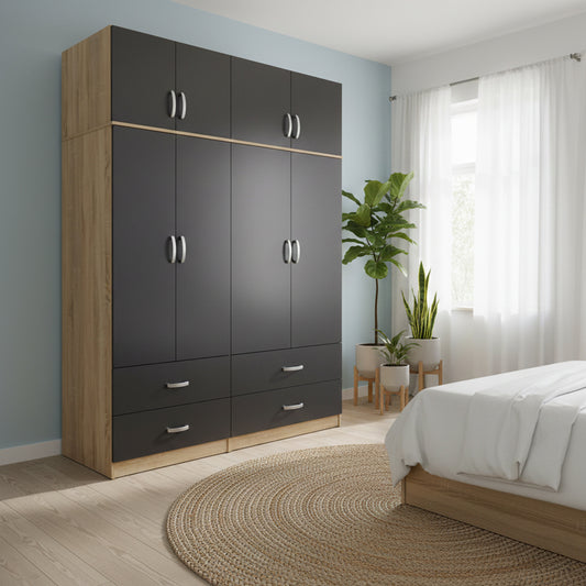 Four-leaf wardrobe with drawers and loft Athos sonoma-anthracite 160x42x240cm