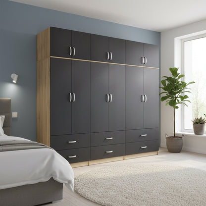 Six-door wardrobe with drawers and loft Athos pakoworld sonoma-ανθρακί 240x42x240cm