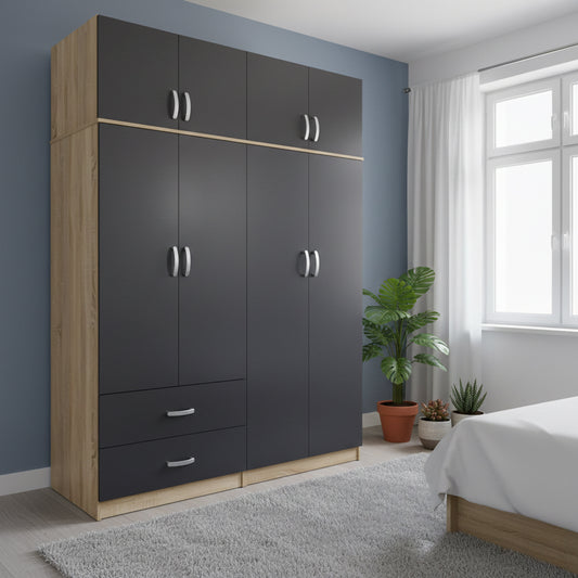 Athos four-door wardrobe with loft, sonoma-anthracite 160x42x240cm