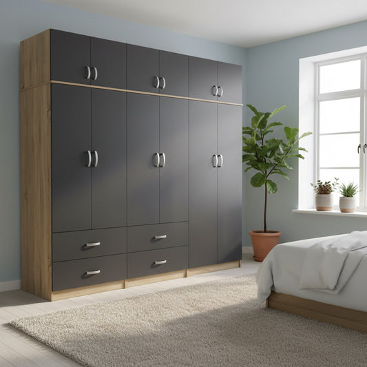 Athos six-door wardrobe with loft, sonoma-anthracite 240x42x240cm