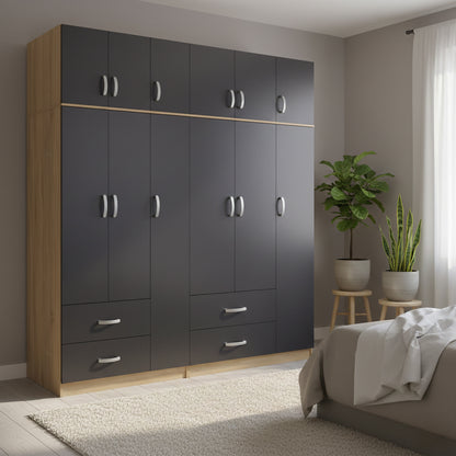 Athos pakoworld six-door wardrobe with loft, sonoma-anthracite 180x42x240cm