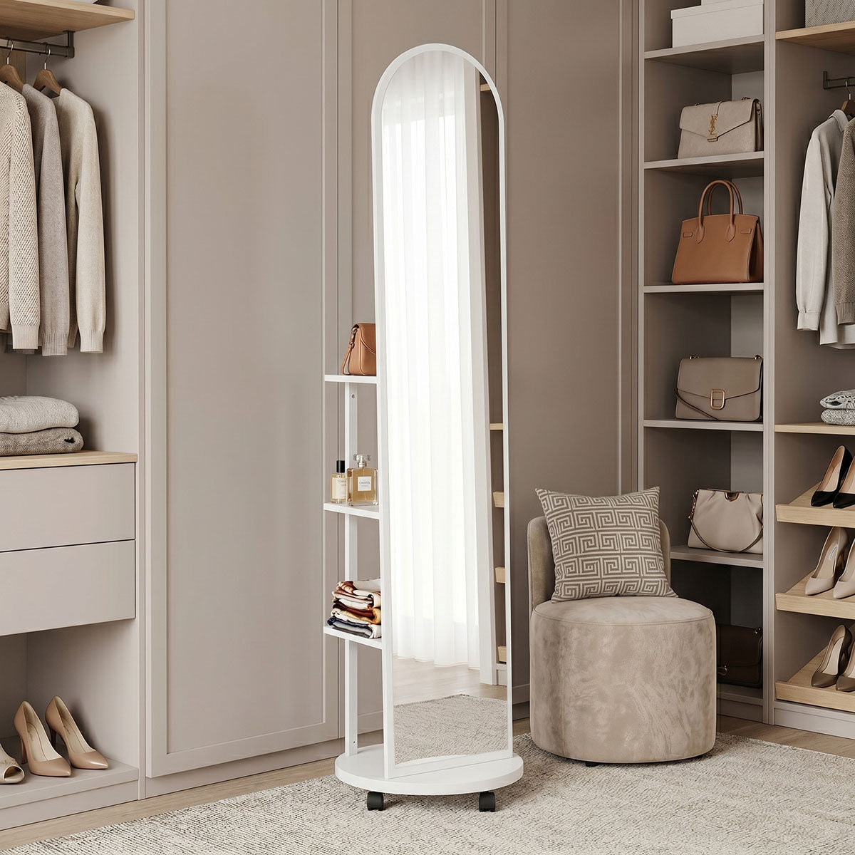 Espero mdf wheeled mirror with shelves in white shade D34x170cm