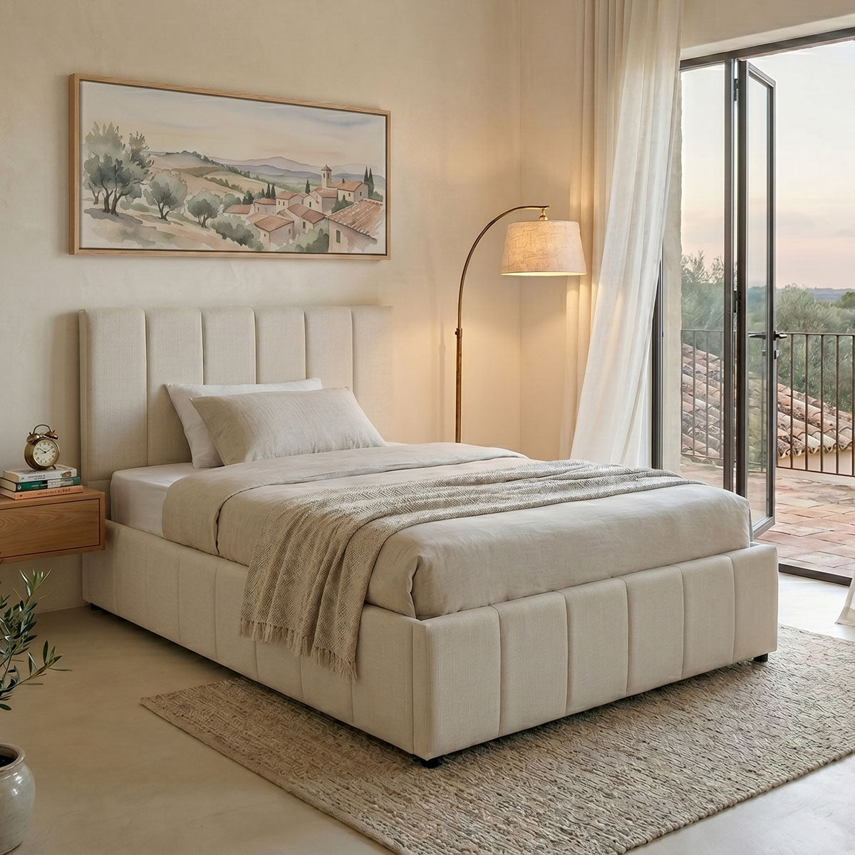 Snuggle  bed with storage space, fabric beige120x200cm