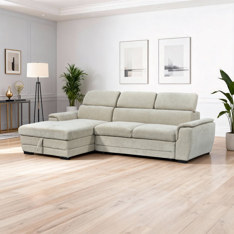 Dreamora right corner corner sofa bed with storage space beige fabric 270x167x82cm