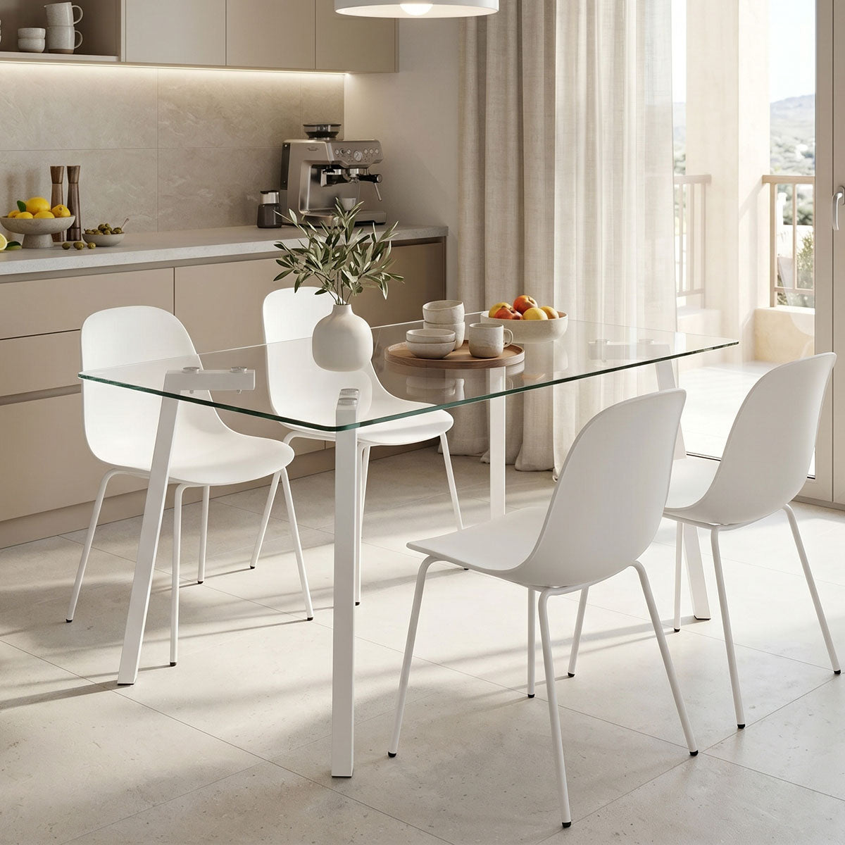 Titta table glass top with white metal legs 120x70x75cm