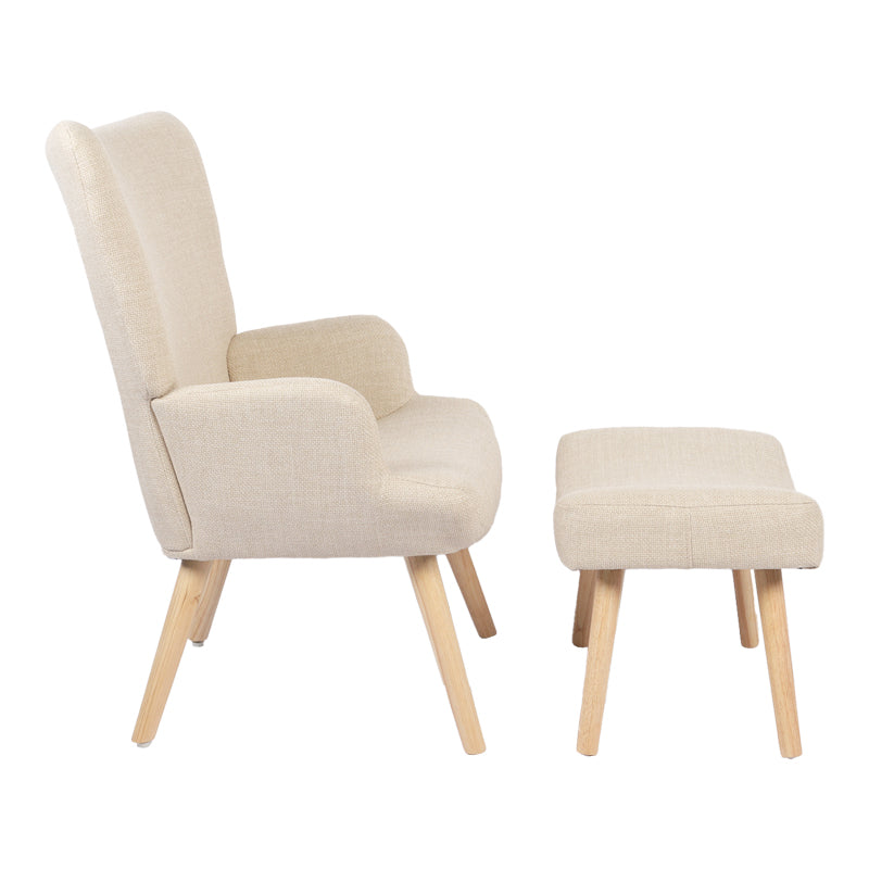 Armchair with footstool Gerlina cream fabric and legs in natural color 71x64x94cm