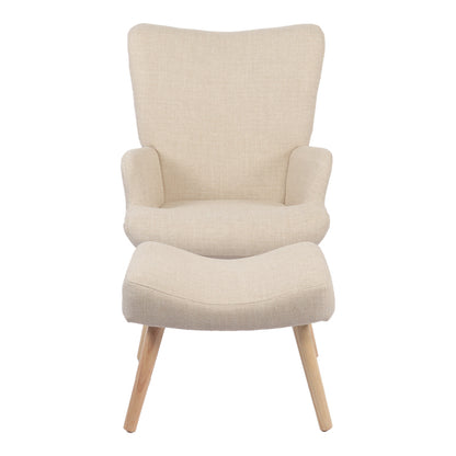Armchair with footstool Gerlina cream fabric and legs in natural color 71x64x94cm