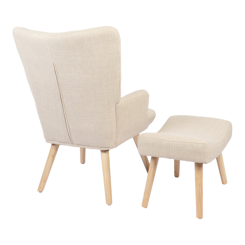 Armchair with footstool Gerlina cream fabric and legs in natural color 71x64x94cm