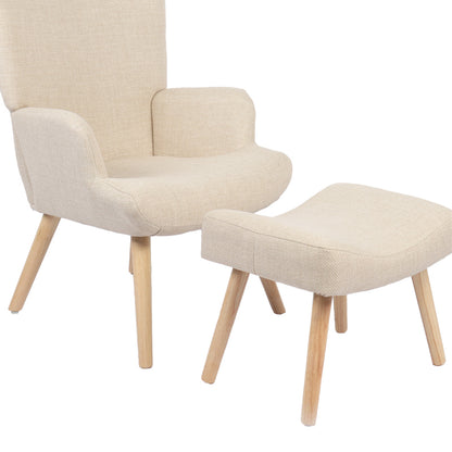 Armchair with footstool Gerlina cream fabric and legs in natural color 71x64x94cm