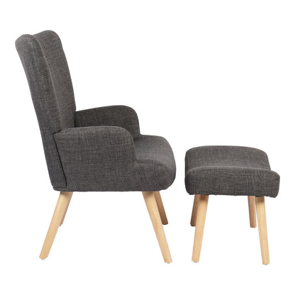 Armchair with footstool Gerlina dark grey fabric and legs in natural color 71x64x94cm