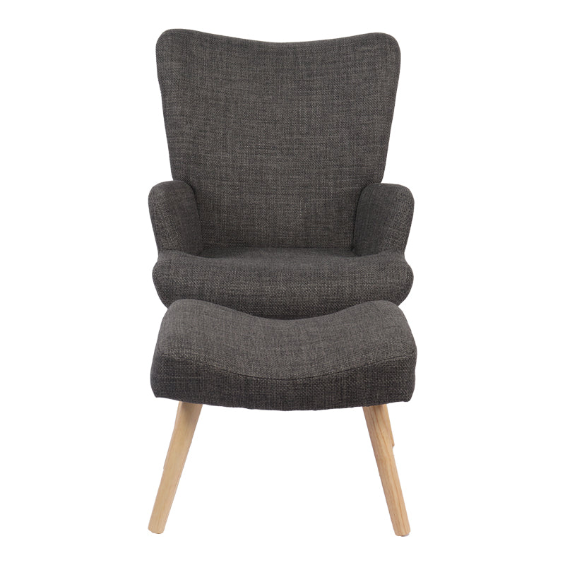 Armchair with footstool Gerlina dark grey fabric and legs in natural color 71x64x94cm