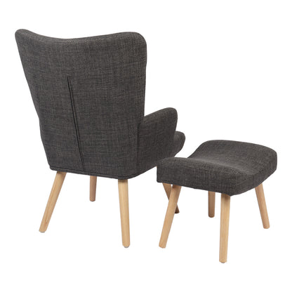 Armchair with footstool Gerlina dark grey fabric and legs in natural color 71x64x94cm