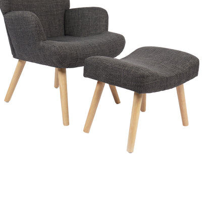 Armchair with footstool Gerlina dark grey fabric and legs in natural color 71x64x94cm