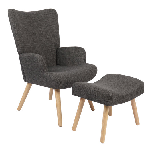 Armchair with footstool Gerlina dark grey fabric and legs in natural color 71x64x94cm