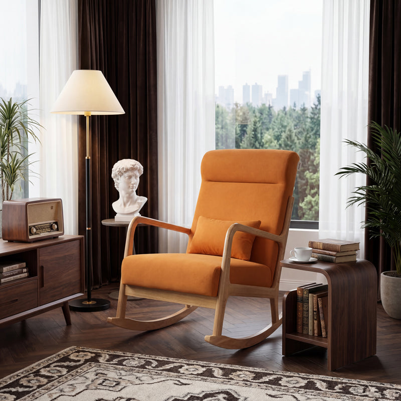 Rotating armchair Edeldy orange fabric and legs in natural color 102x66x99cm