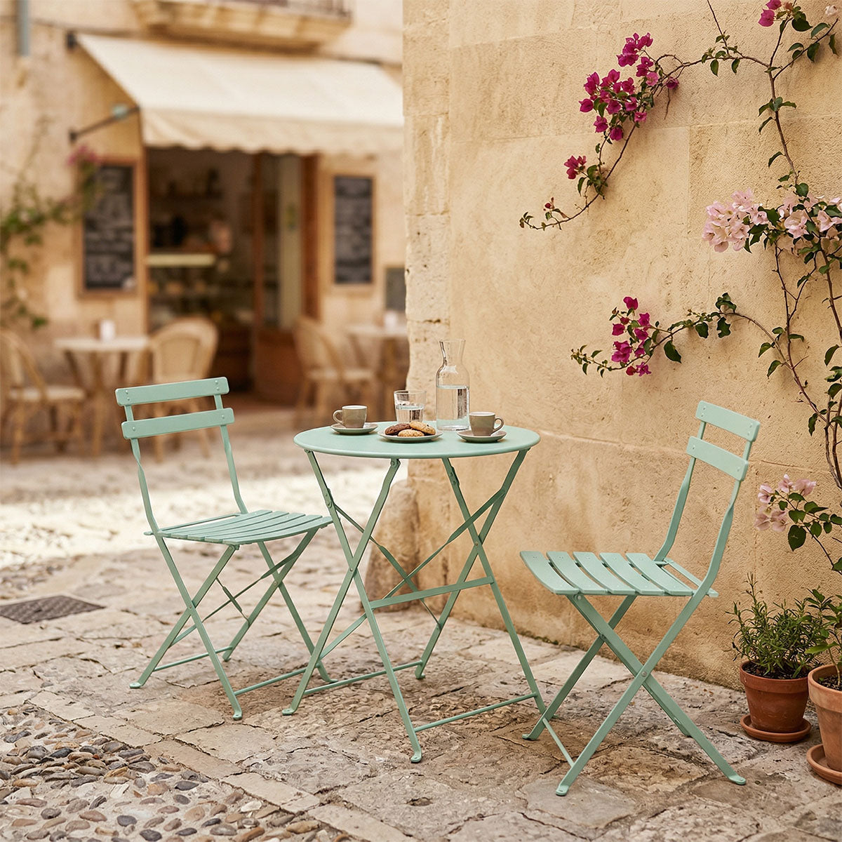 Bistro dining table set of 3 pieces, metal, foldable, mint color, Φ60x71cm