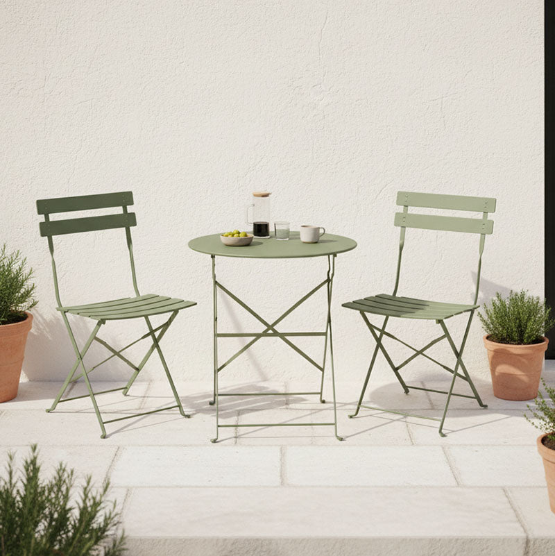 Bistro dining table set of 3 pieces, metal, foldable,olive green color, Φ60x71cm