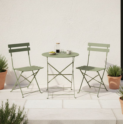 Bistro dining table set of 3 pieces, metal, foldable,olive green color, Φ60x71cm