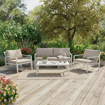 Gardenly lounge set 4pcs aluminum in white with beige cushions