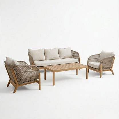 Outdoor lounge set Verilan acacia wood with rope and beige cushions