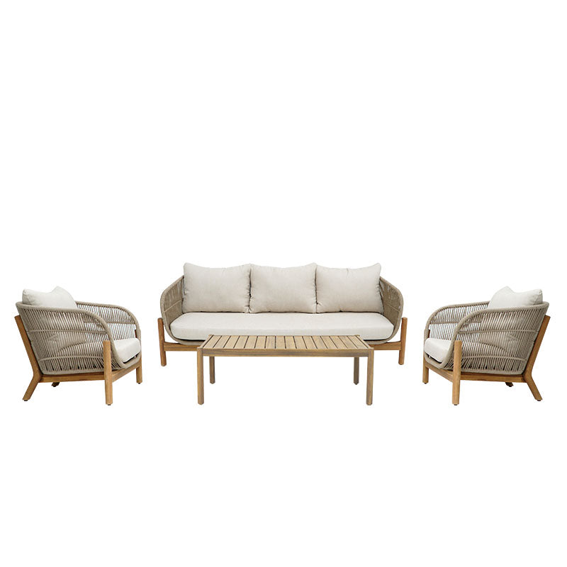 Outdoor lounge set Verilan acacia wood with rope and beige cushions