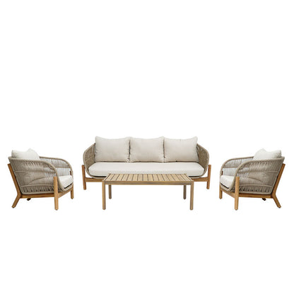Outdoor lounge set Verilan acacia wood with rope and beige cushions