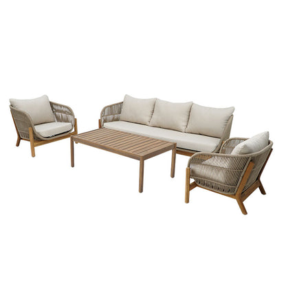 Outdoor lounge set Verilan acacia wood with rope and beige cushions