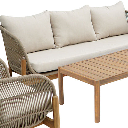 Outdoor lounge set Verilan acacia wood with rope and beige cushions