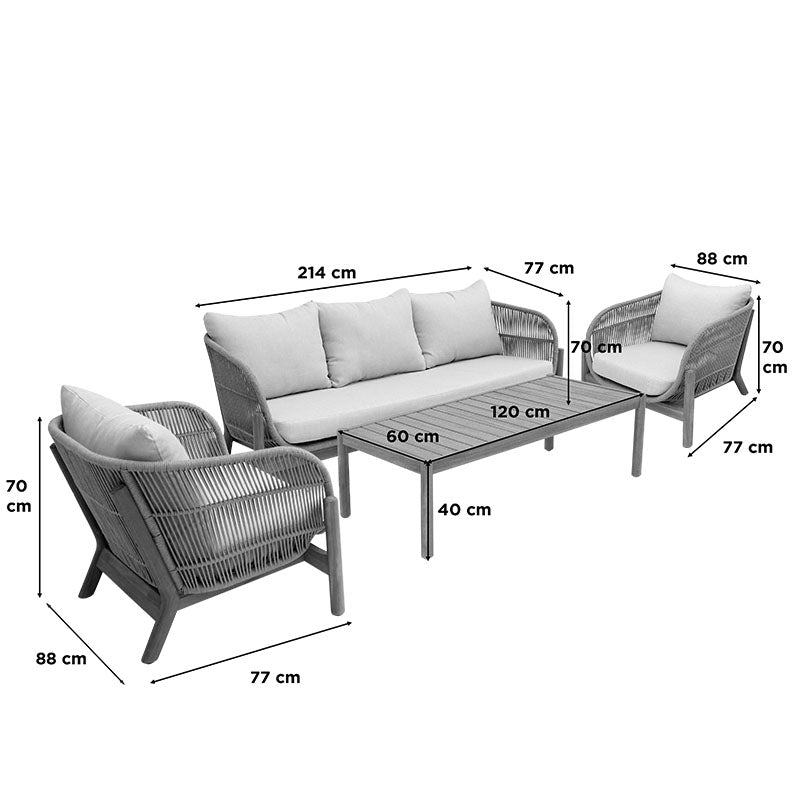 Outdoor lounge set Verilan acacia wood with rope and beige cushions