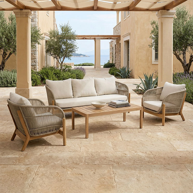 Outdoor lounge set Verilan acacia wood with rope and beige cushions