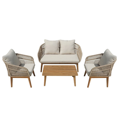 Outdoor lounge set Macrena acacia wood with rope amnd beige cushions