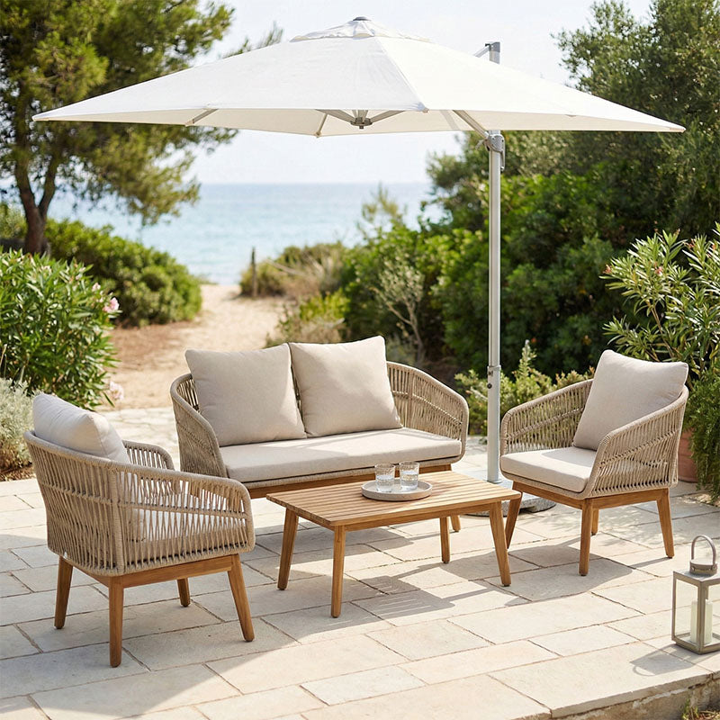 Outdoor lounge set Macrena acacia wood with rope amnd beige cushions