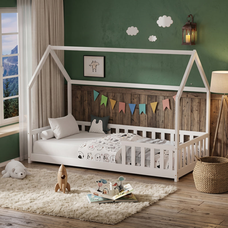 Children's bed Bambie with railing Montessori pine wood white 70x140cm