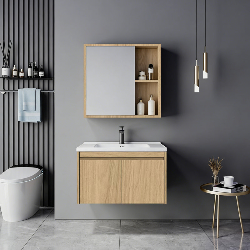 Sinkea oak color countertop with sink and mirror