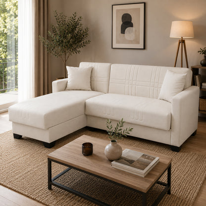 Corner sofa bed reversible with storage space Stashio cream fabric 202x143x84cm