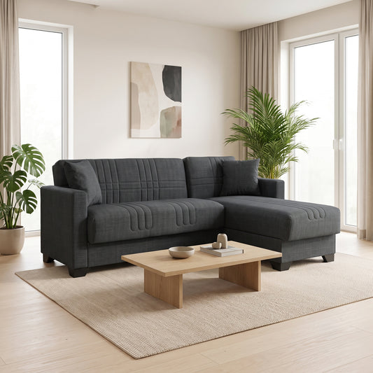 Corner sofa bed reversible with storage space Stashio anthracite fabric 202x143x84cm