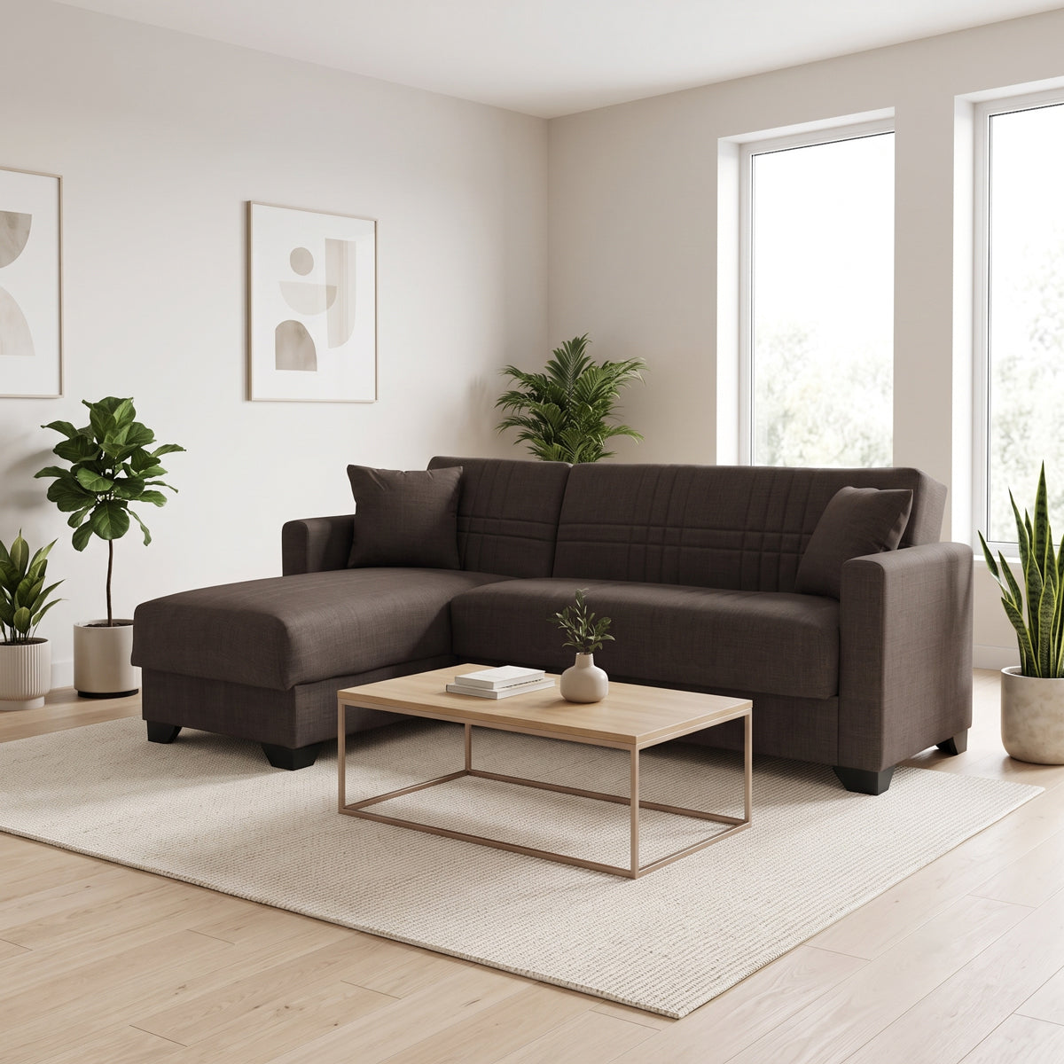 Corner sofa bed reversible with storage space Stashio brown fabric 202x143x84cm