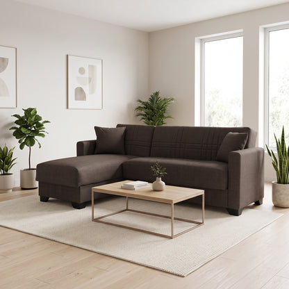 Corner sofa bed reversible with storage space Stashio brown fabric 202x143x84cm