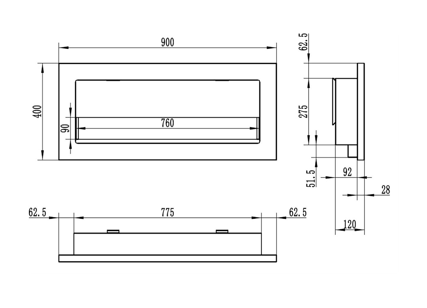 Биокамина 900x400 SLIM Черна структурна за вграждане със стъкло